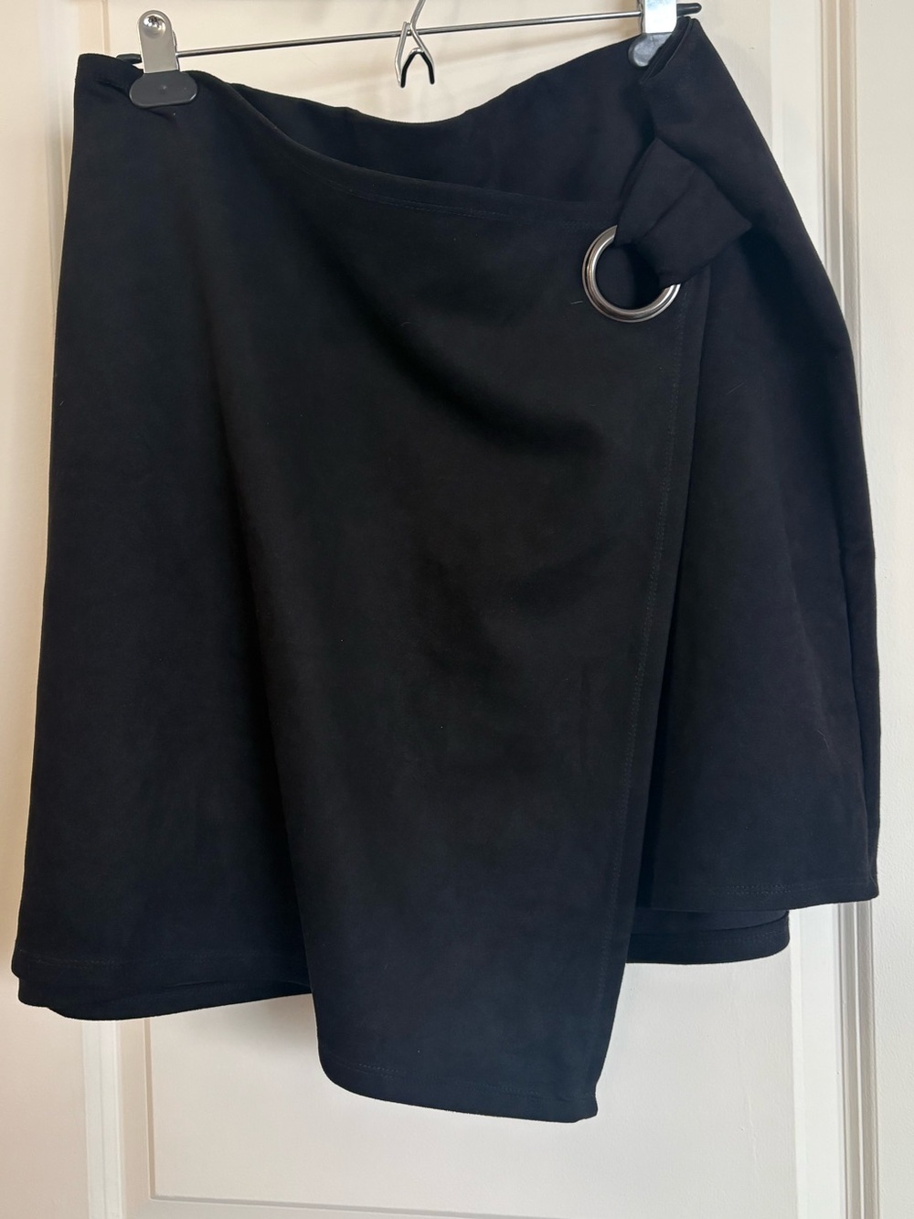 Suede Black A-Line Wrap Skirt with Silver Ring